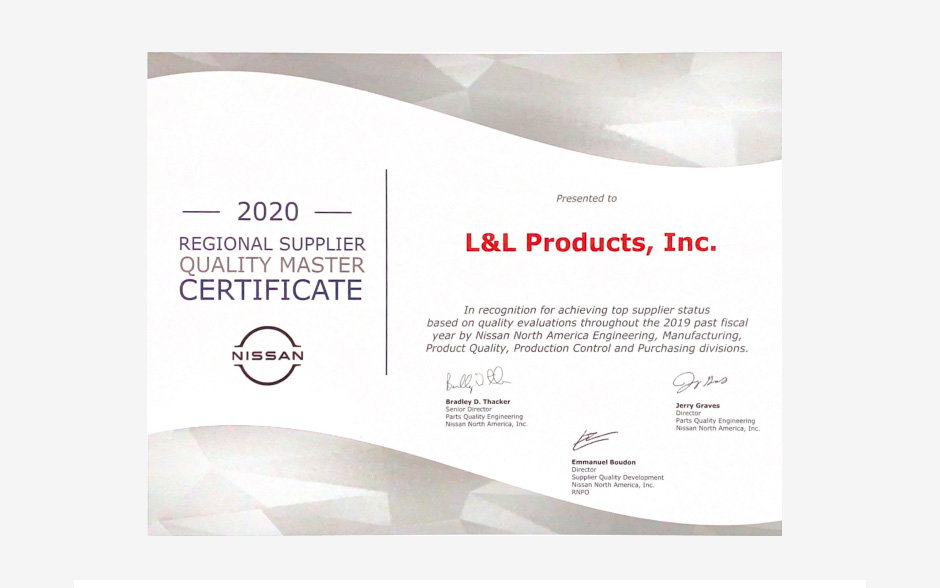 L&L产品公司北美分公司被日产授予区域供应商质量大师称号