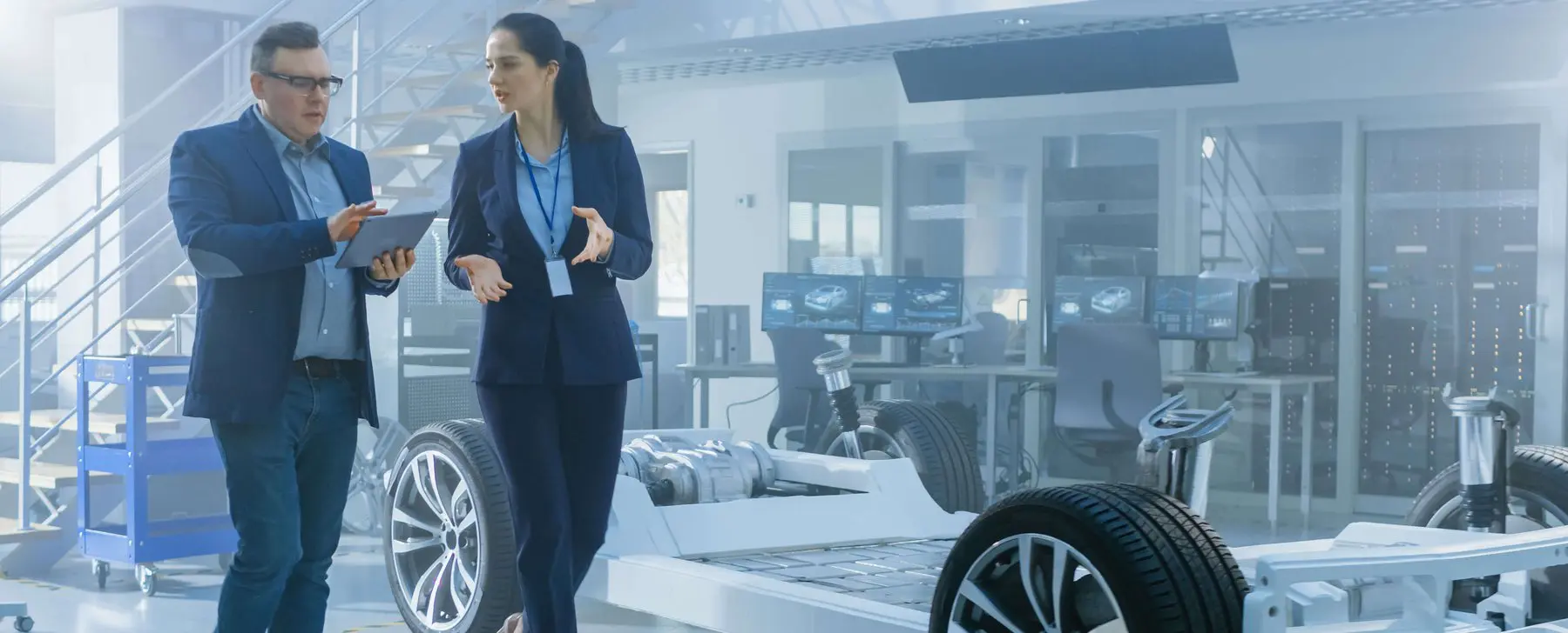 Two people walking in a R&D Lab